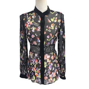 Caractere Womens Size 2 Floral Print Sheer 100% Silk Chiffon Blouse Long Sleeves